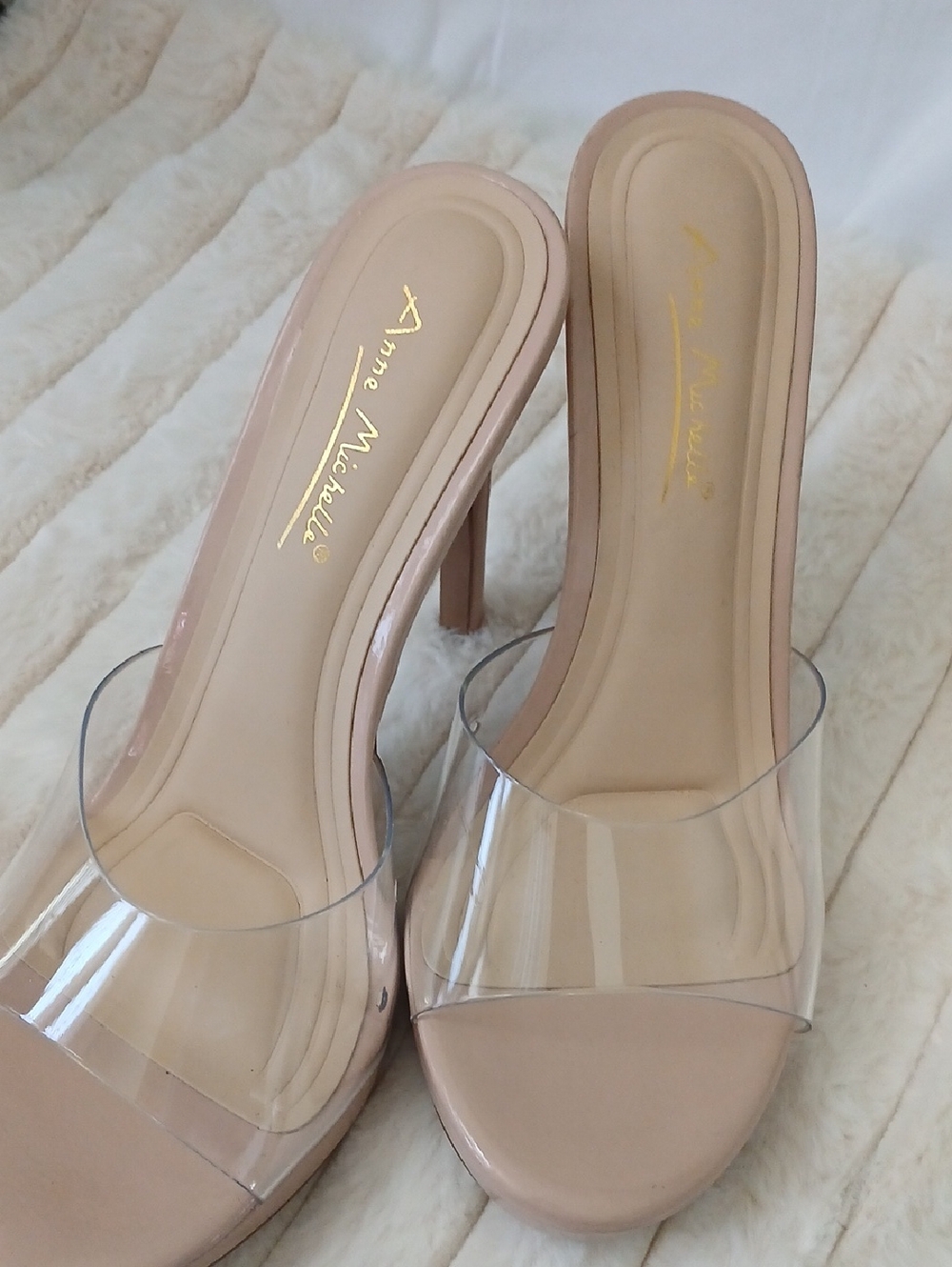 Anne Michelle Beige Nude Clear Strap Stiletto Mules